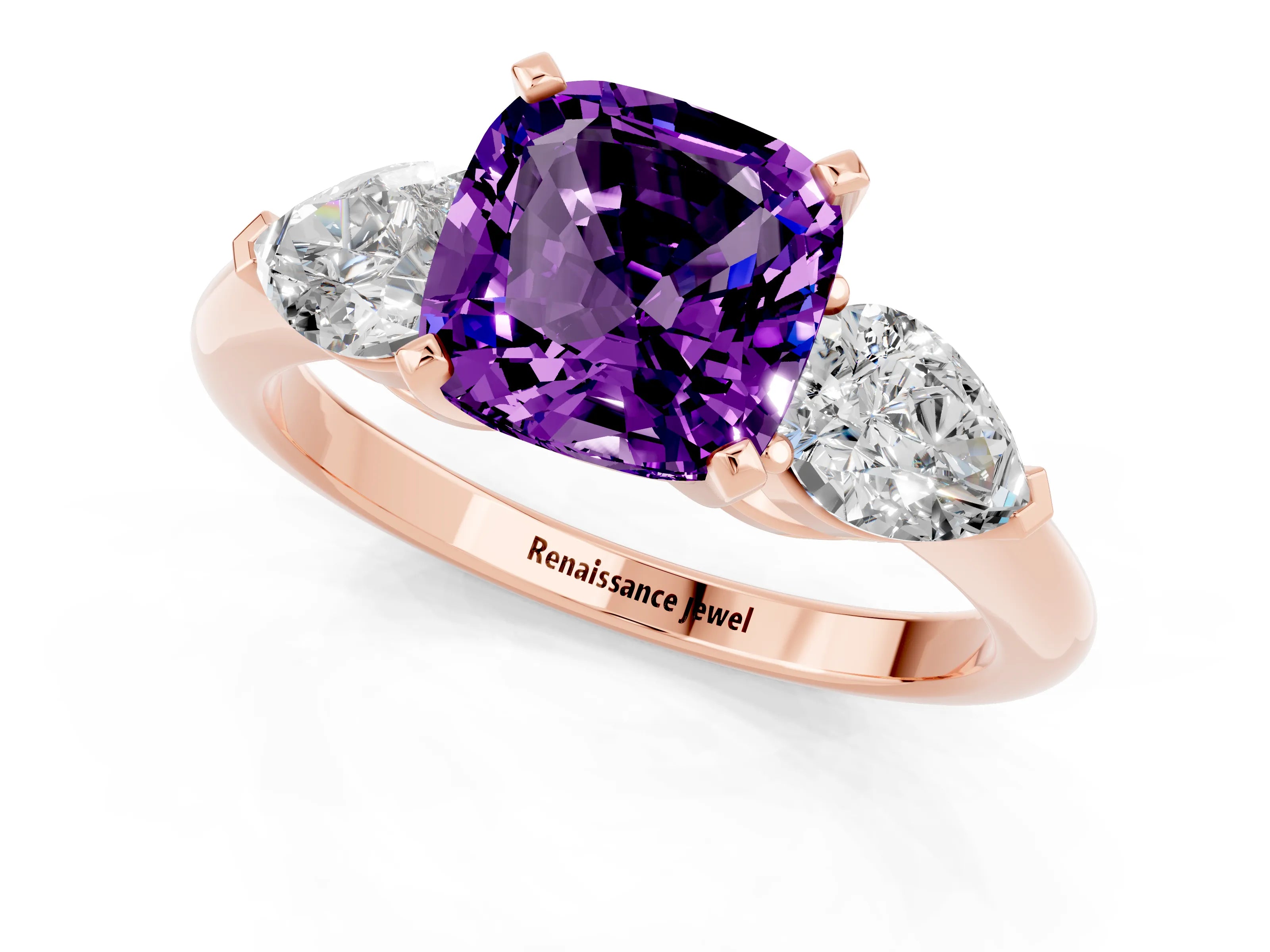 Rose gold Three-Stone Cushion Cut Amethyst Ring with Pear Side Stones and Four-Prong Setting_1