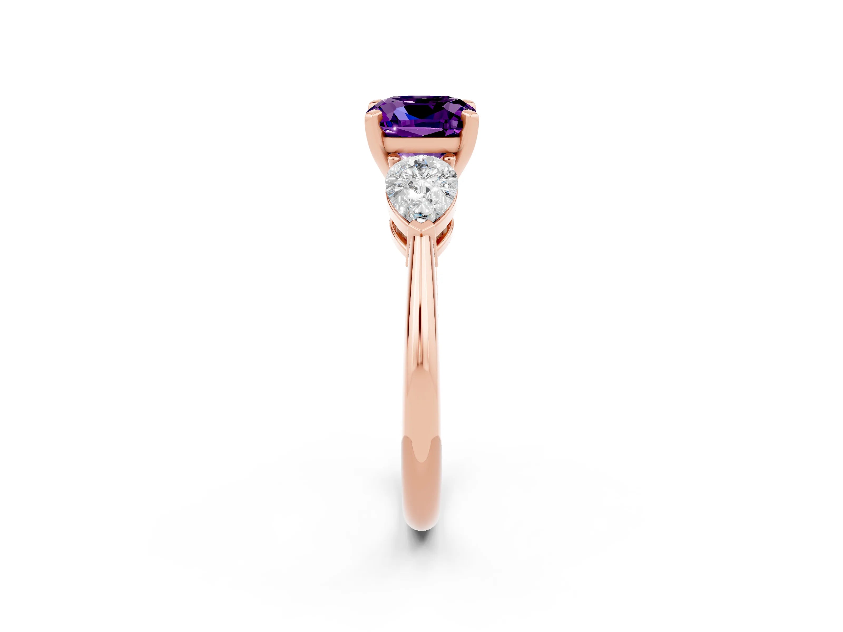 Rose gold Three-Stone Cushion Cut Amethyst Ring with Pear Side Stones and Four-Prong Setting_2