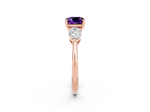Rose gold Three-Stone Cushion Cut Amethyst Ring with Pear Side Stones and Four-Prong Setting