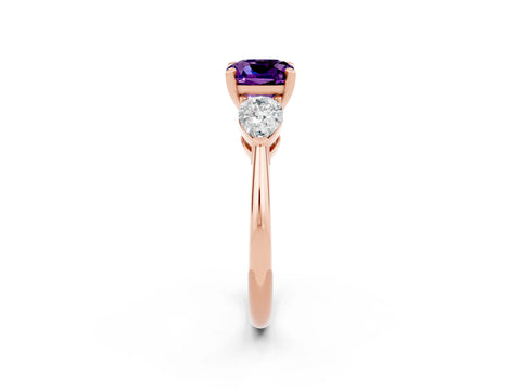 Rose gold Three-Stone Cushion Cut Amethyst Ring with Pear Side Stones and Four-Prong Setting_2