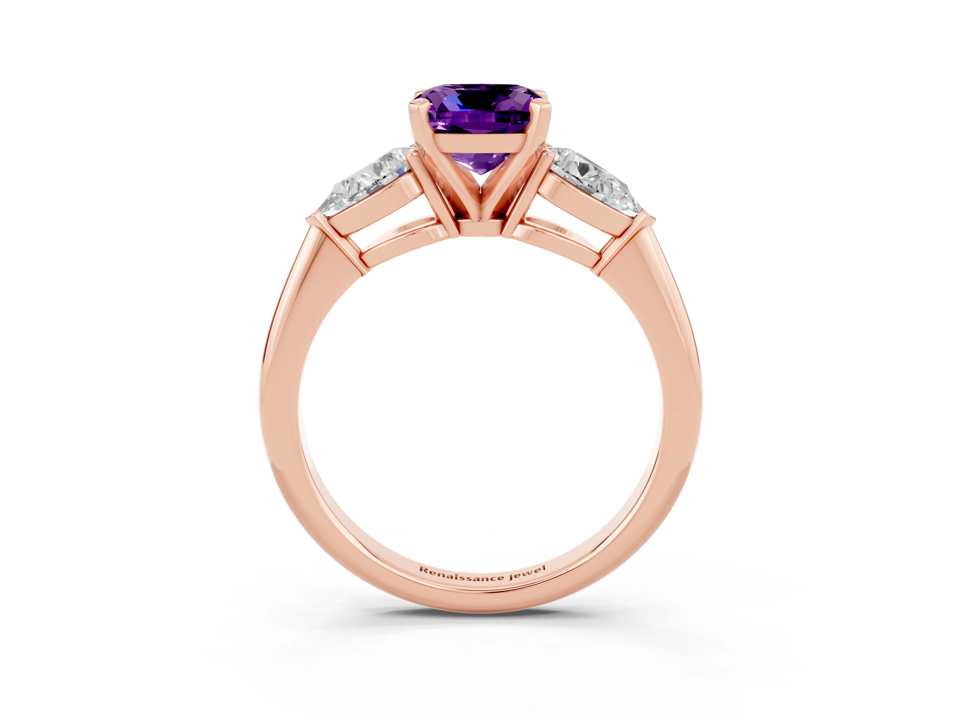 Rose gold Three-Stone Cushion Cut Amethyst Ring with Pear Side Stones and Four-Prong Setting_3