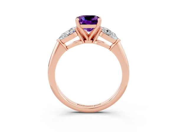 Rose gold Three-Stone Cushion Cut Amethyst Ring with Pear Side Stones and Four-Prong Setting