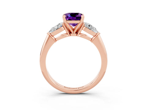 Rose gold Three-Stone Cushion Cut Amethyst Ring with Pear Side Stones and Four-Prong Setting_3