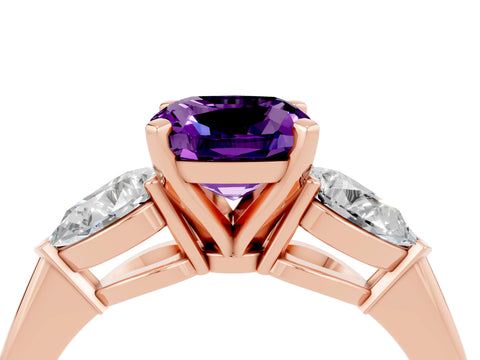 Rose gold Three-Stone Cushion Cut Amethyst Ring with Pear Side Stones and Four-Prong Setting_4