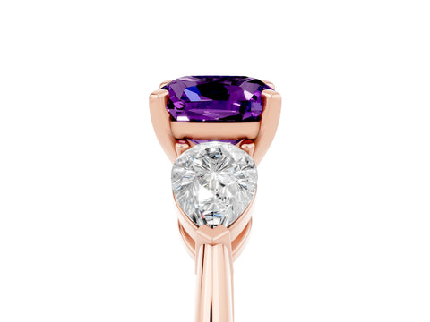 Rose gold Three-Stone Cushion Cut Amethyst Ring with Pear Side Stones and Four-Prong Setting_5