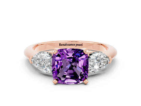 Rose gold Three-Stone Cushion Cut Amethyst Ring with Pear Side Stones and Four-Prong Setting