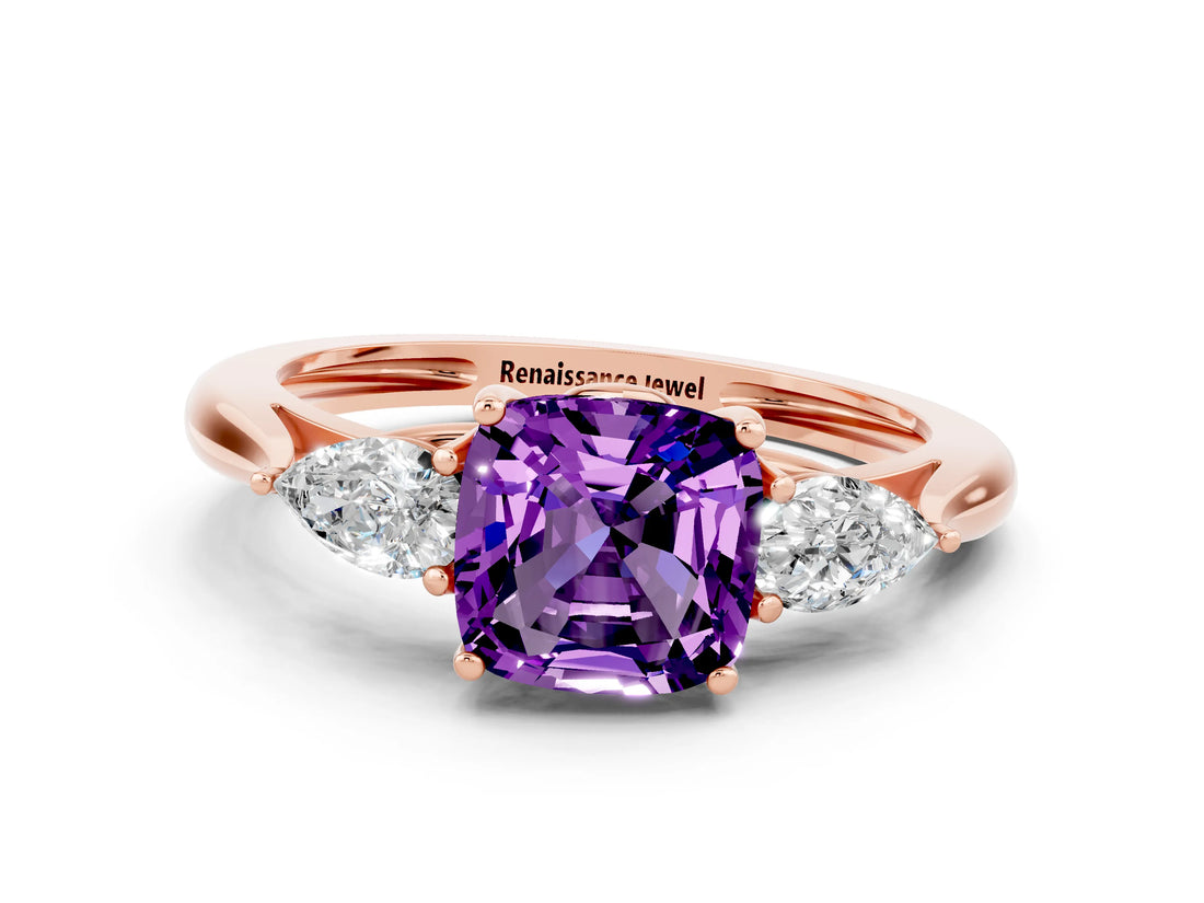 Rose gold Three-Stone Cushion Cut Amethyst Ring with Pear  Side Stones in Four-Prong Setting_12