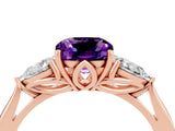 Rose gold Three-Stone Cushion Cut Amethyst Ring with Pear  Side Stones in Four-Prong Setting_16