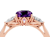 Rose gold Three-Stone Cushion Cut Amethyst Ring with Pear  Side Stones in Four-Prong Setting_40