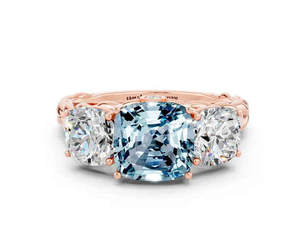Rose gold Three-Stone Cushion Cut Aquamarine Braided Band Ring with Four-Prong Setting
