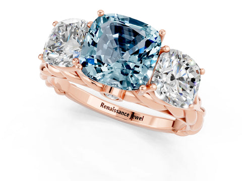 Rose gold Three-Stone Cushion Cut Aquamarine Braided Band Ring with Four-Prong Setting_13