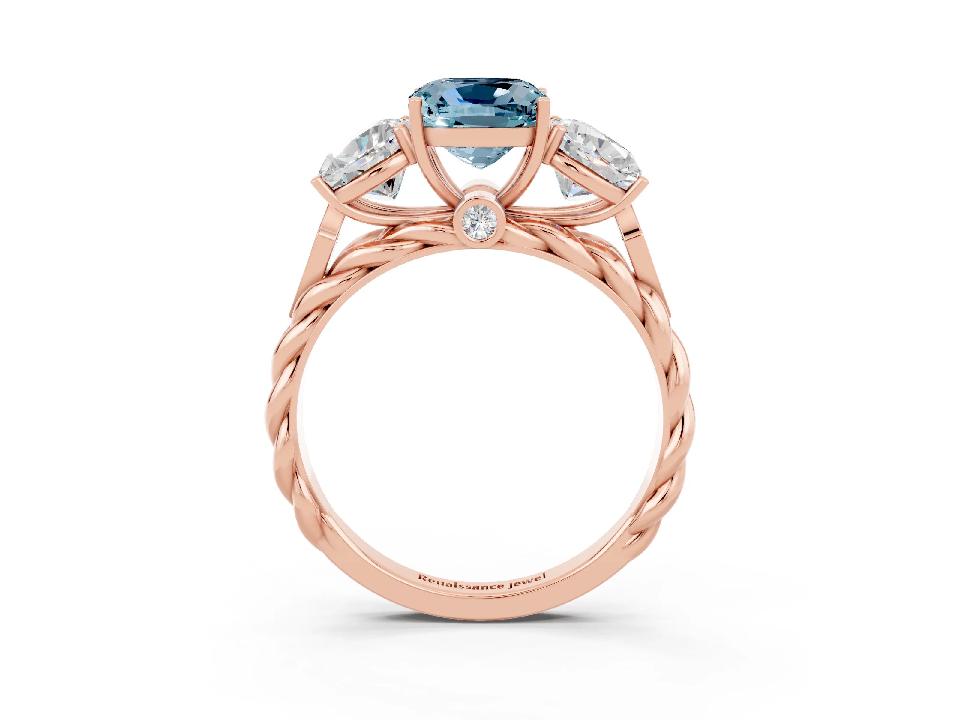 Rose gold Three-Stone Cushion Cut Aquamarine Braided Band Ring with Four-Prong Setting_15