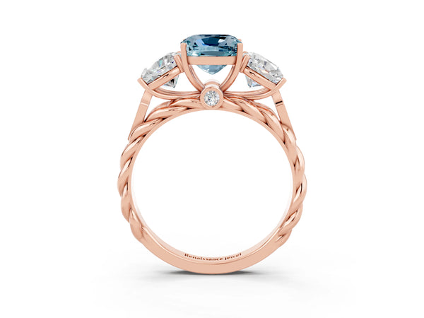 Rose gold Three-Stone Cushion Cut Aquamarine Braided Band Ring with Four-Prong Setting
