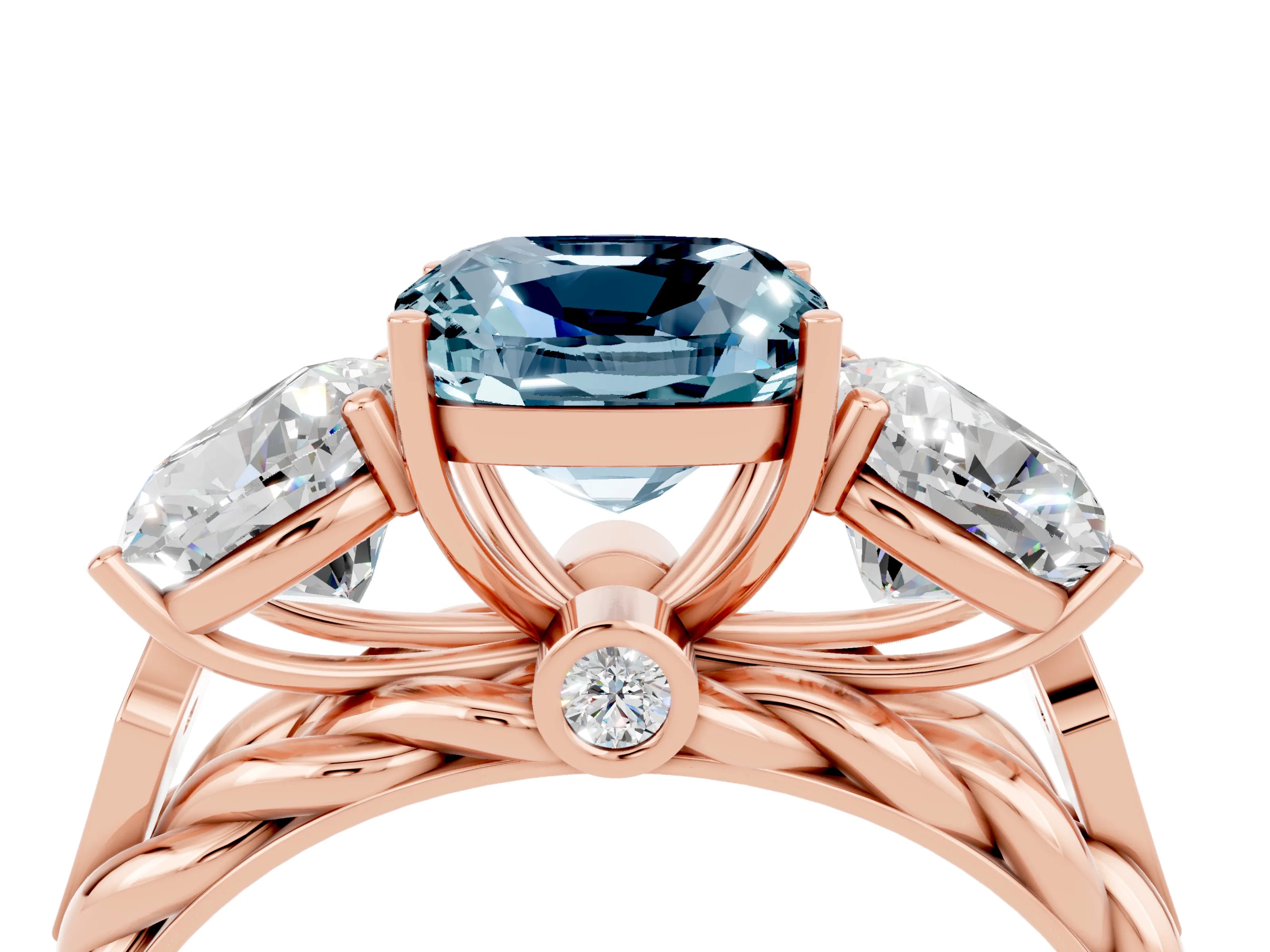 Rose gold Three-Stone Cushion Cut Aquamarine Braided Band Ring with Four-Prong Setting_16