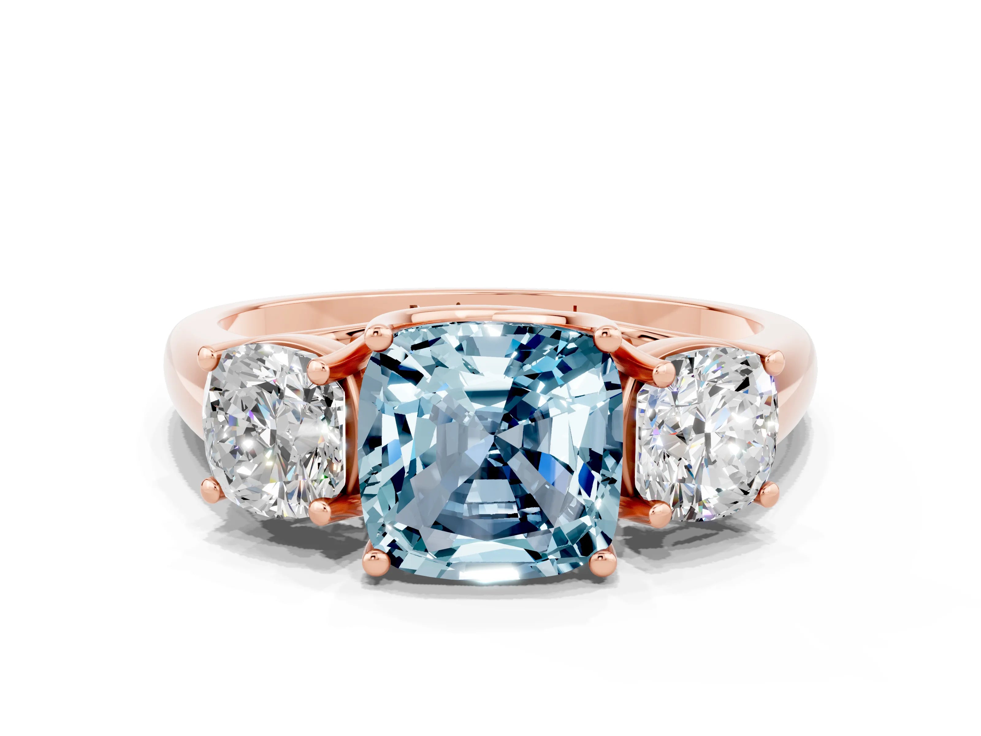 Rose gold Three-Stone Cushion Cut Aquamarine Engagement Ring with Prong Setting