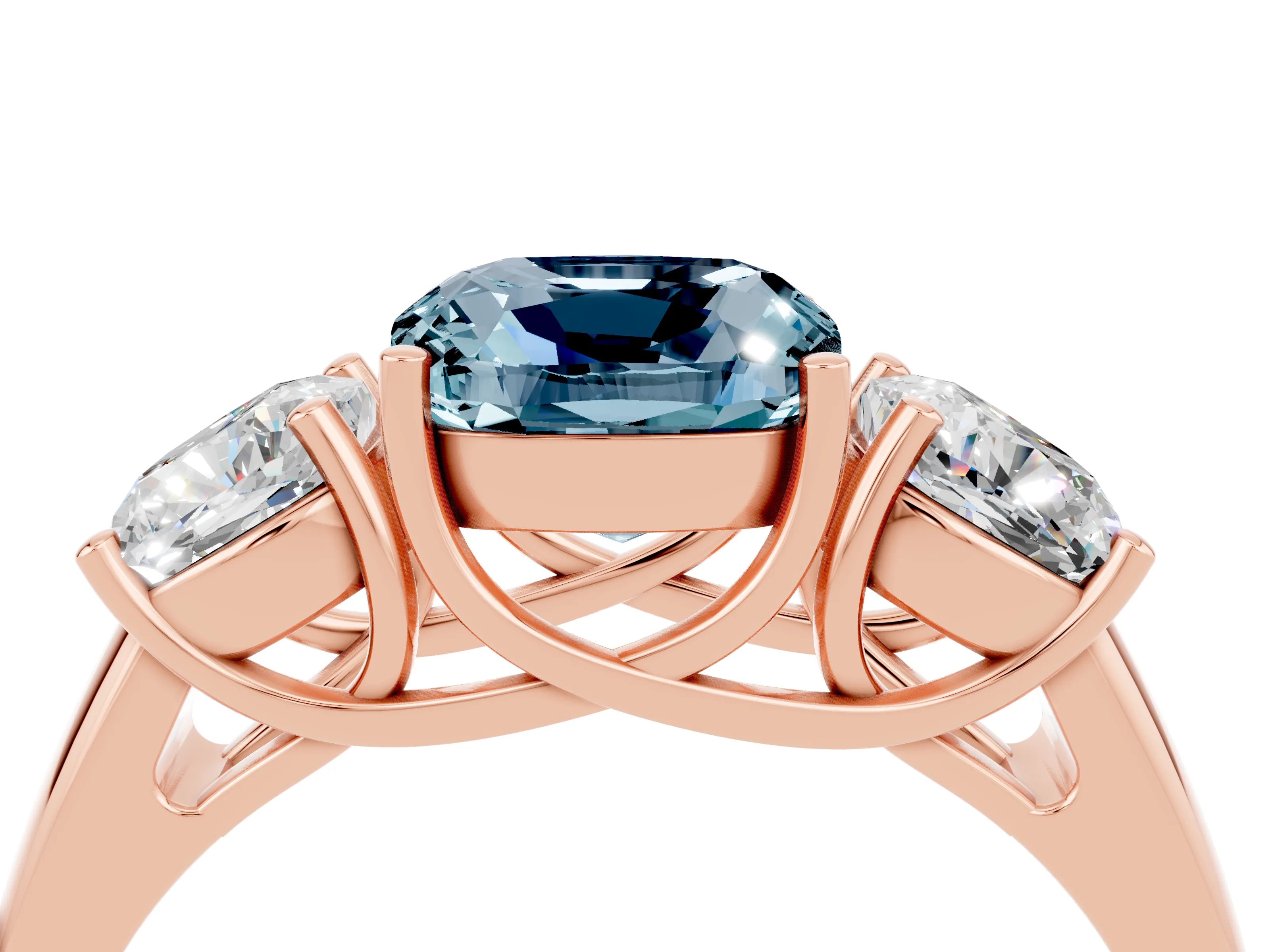 Rose gold Three-Stone Cushion Cut Aquamarine Engagement Ring with Prong Setting_4