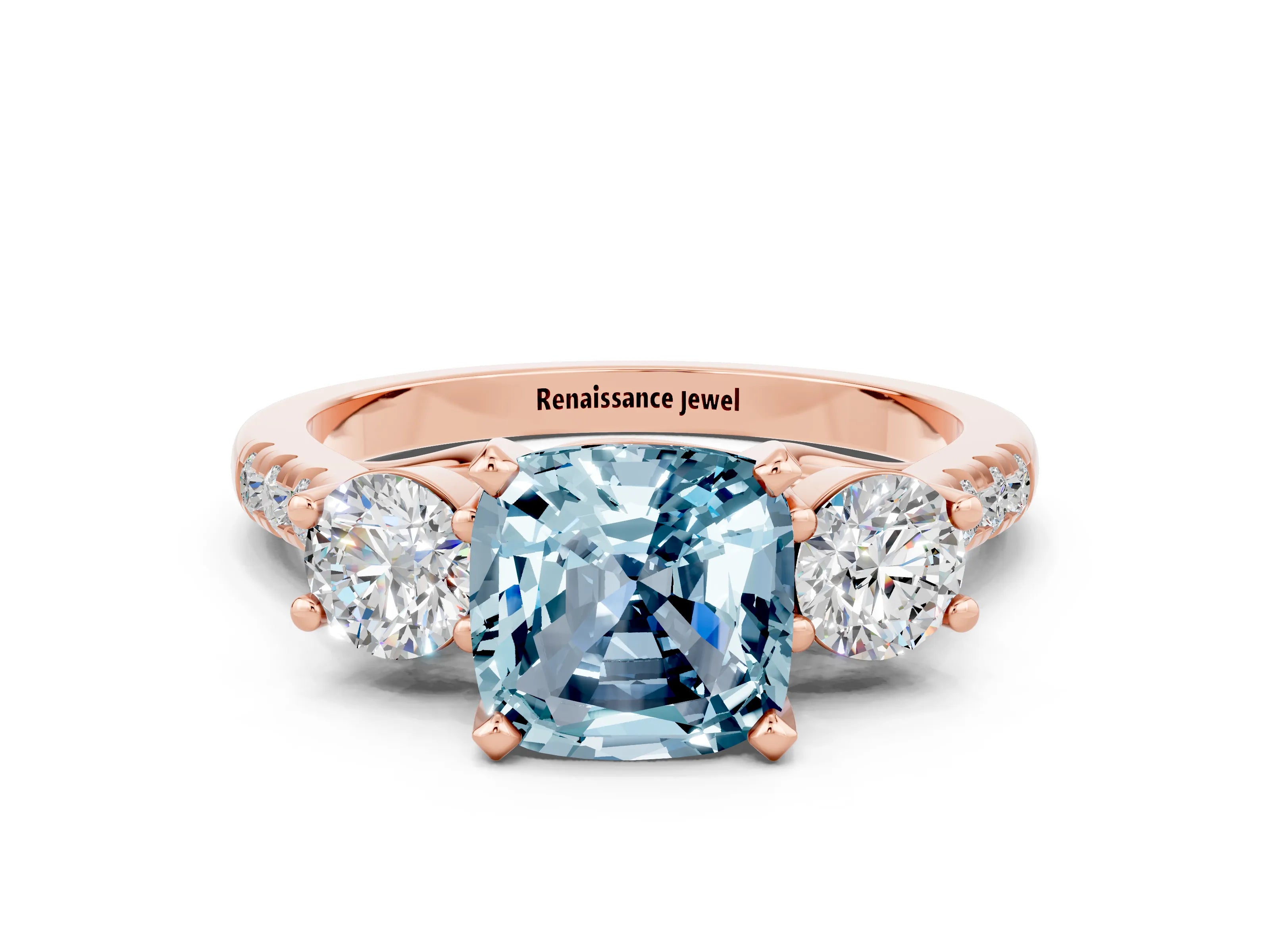 Rose gold Three-Stone Cushion Cut Aquamarine Pavé Band with Four-Prong Setting