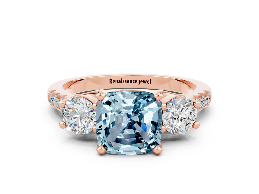Rose gold Three-Stone Cushion Cut Aquamarine Pavé Band with Four-Prong Setting