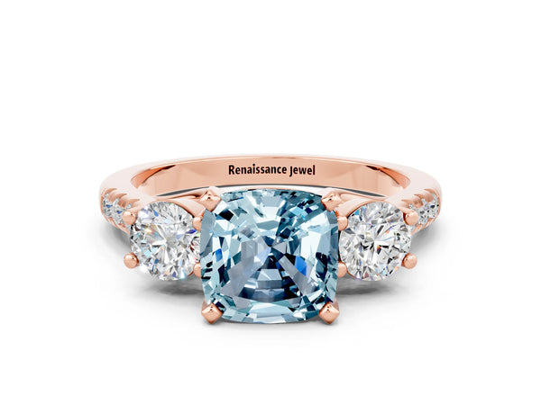 Rose gold Three-Stone Cushion Cut Aquamarine Pavé Band with Four-Prong Setting