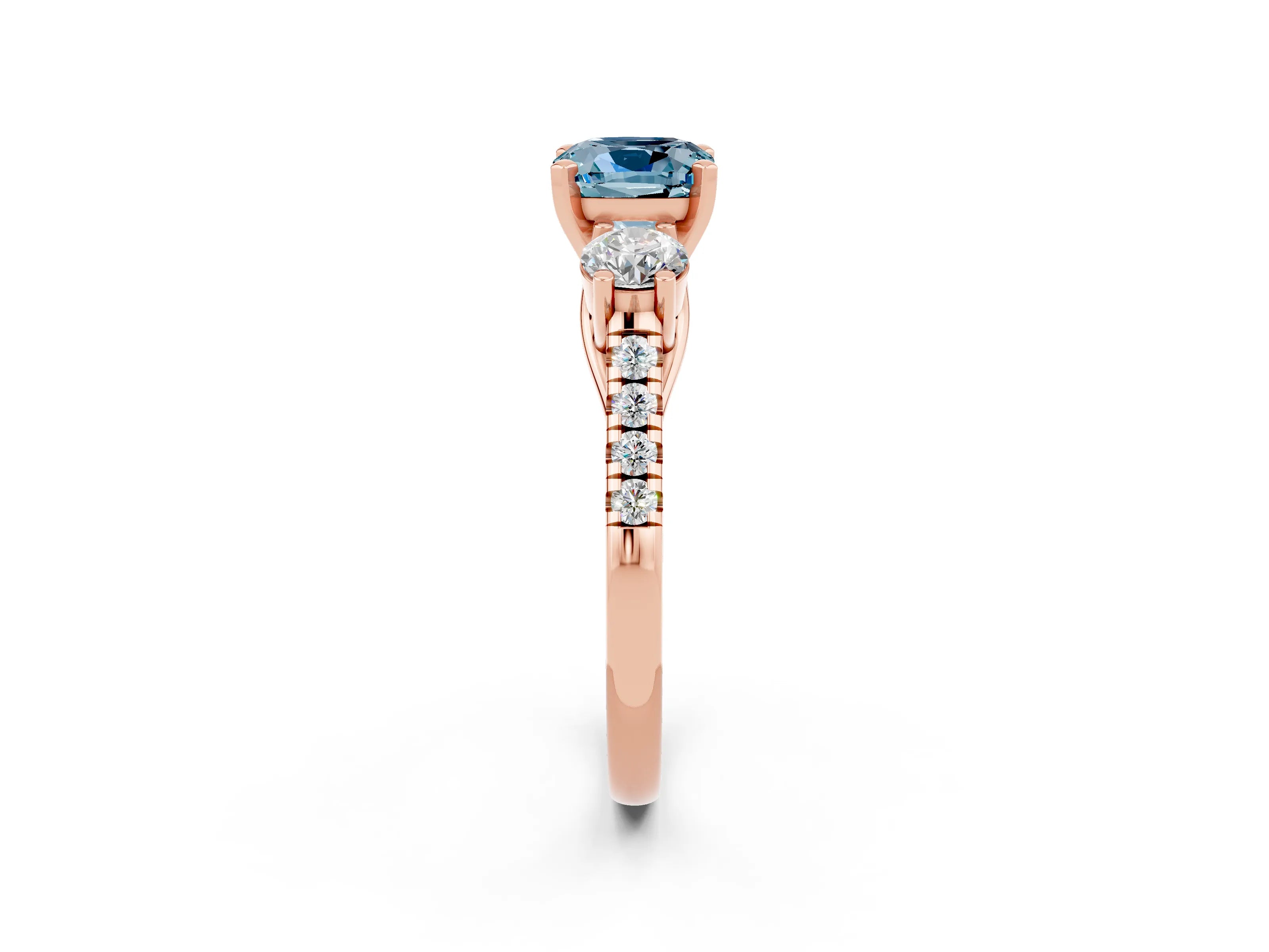 Rose gold Three-Stone Cushion Cut Aquamarine Pavé Band with Four-Prong Setting_2