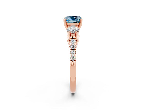 Rose gold Three-Stone Cushion Cut Aquamarine Pavé Band with Four-Prong Setting