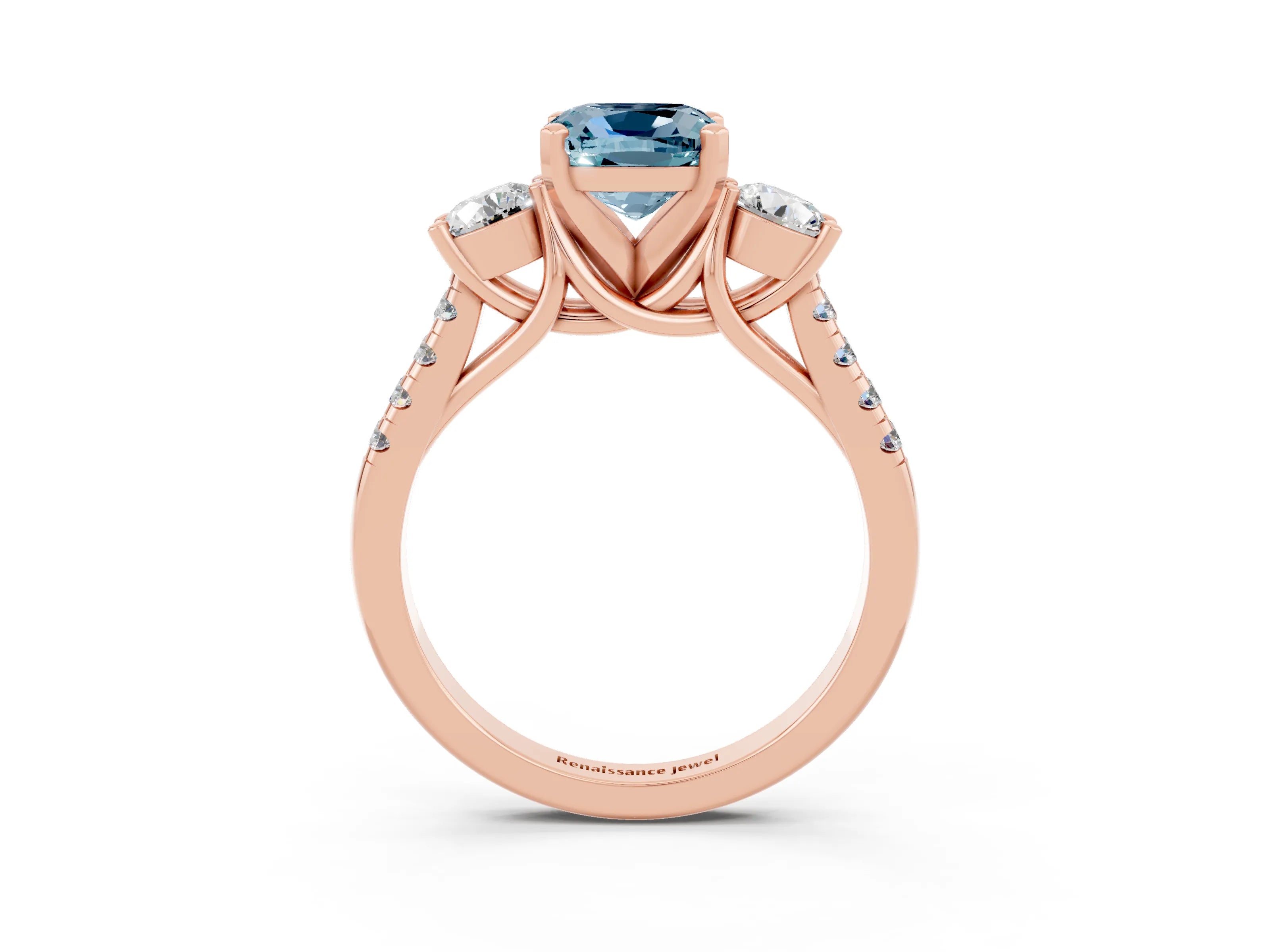 Rose gold Three-Stone Cushion Cut Aquamarine Pavé Band with Four-Prong Setting_3