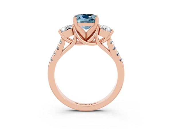 Rose gold Three-Stone Cushion Cut Aquamarine Pavé Band with Four-Prong Setting