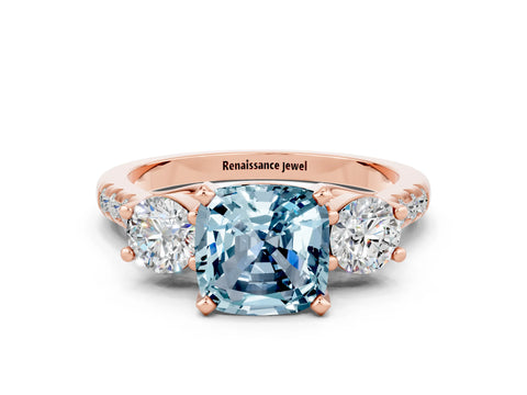 Rose gold Three-Stone Cushion Cut Aquamarine Pavé Band with Four-Prong Setting