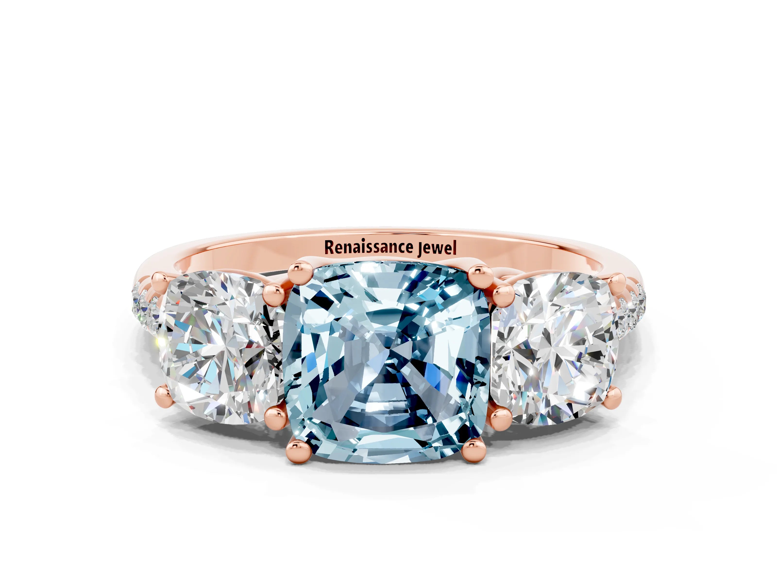 Rose gold Three-Stone Cushion Cut Aquamarine Ring with Pavé Band and Prong Setting_12