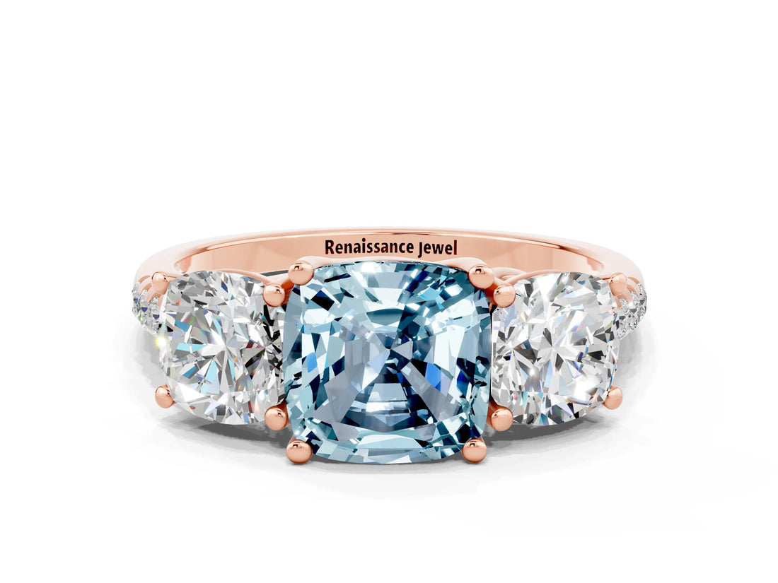 Rose gold Three-Stone Cushion Cut Aquamarine Ring with Pavé Band and Prong Setting_12