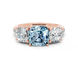 Rose gold Three-Stone Cushion Cut Aquamarine Ring with Pavé Band and Prong Setting_12