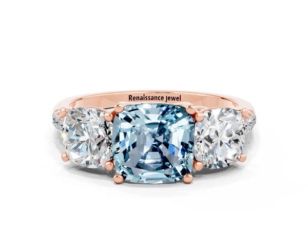 Rose gold Three-Stone Cushion Cut Aquamarine Ring with Round  Pavé Band and Prong Setting