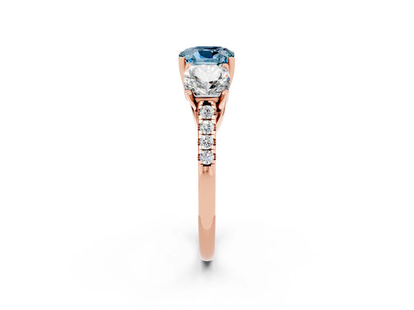 Rose gold Three-Stone Cushion Cut Aquamarine Ring with Round  Pavé Band and Prong Setting