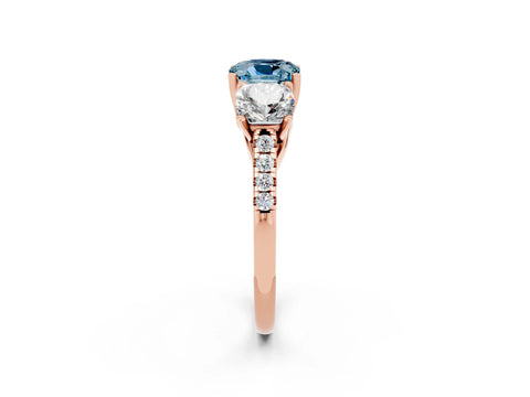 Rose gold Three-Stone Cushion Cut Aquamarine Ring with Pavé Band and Prong Setting_14