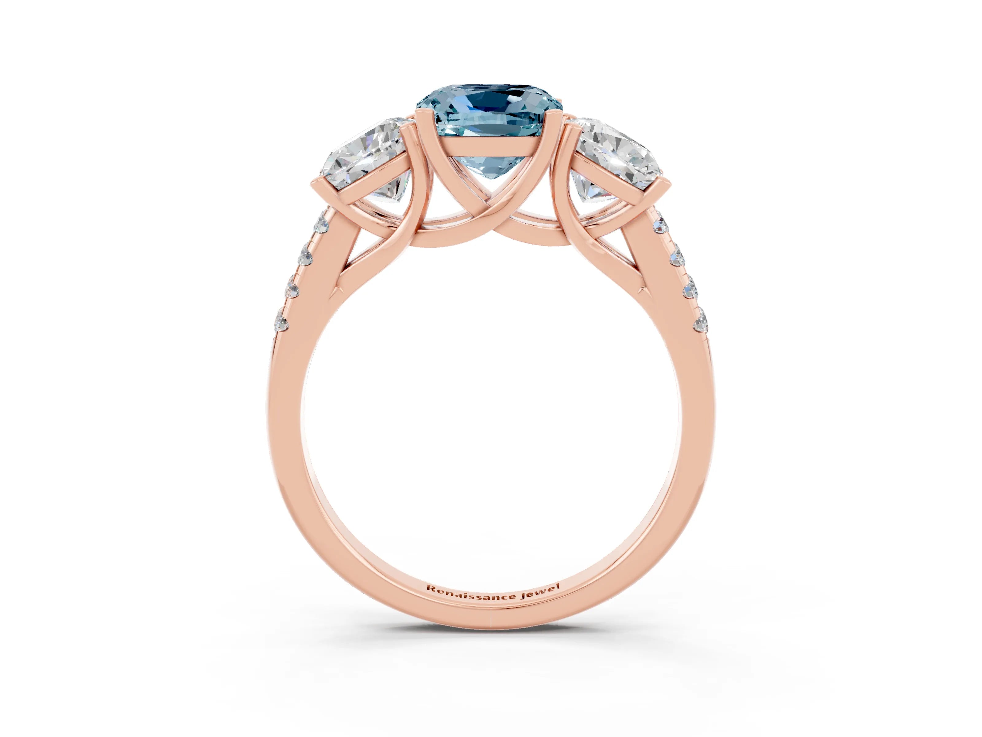 Rose gold Three-Stone Cushion Cut Aquamarine Ring with Pavé Band and Prong Setting_15