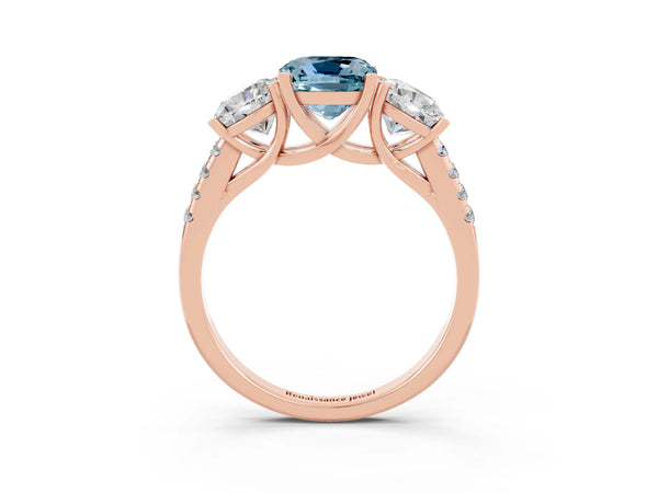Rose gold Three-Stone Cushion Cut Aquamarine Ring with Round  Pavé Band and Prong Setting