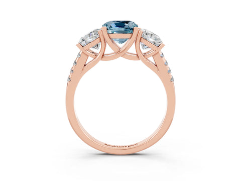 Rose gold Three-Stone Cushion Cut Aquamarine Ring with Pavé Band and Prong Setting_15