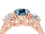 Rose gold Three-Stone Cushion Cut Aquamarine Ring with Pavé Band and Prong Setting_16
