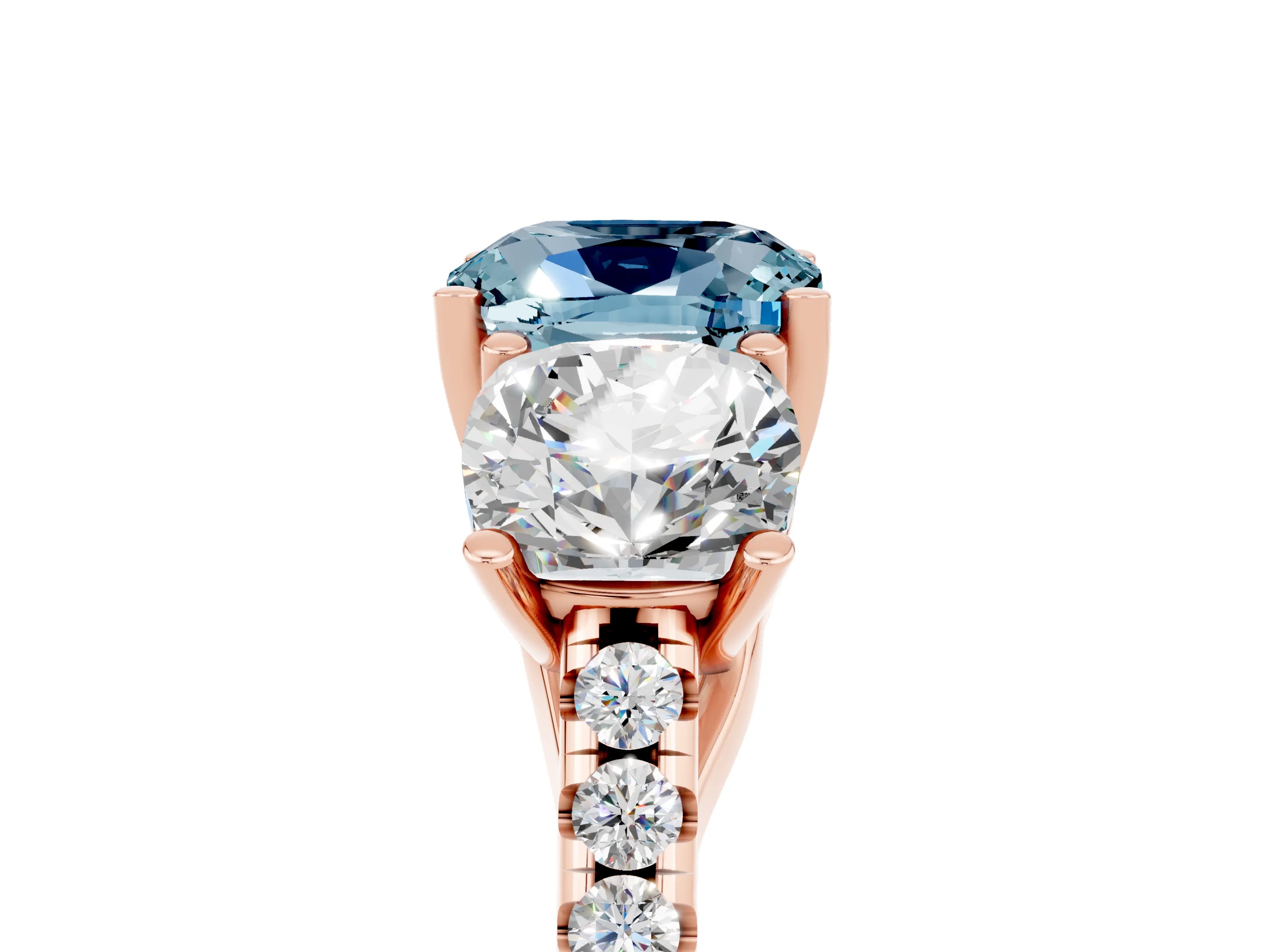 Rose gold Three-Stone Cushion Cut Aquamarine Ring with Pavé Band and Prong Setting_17