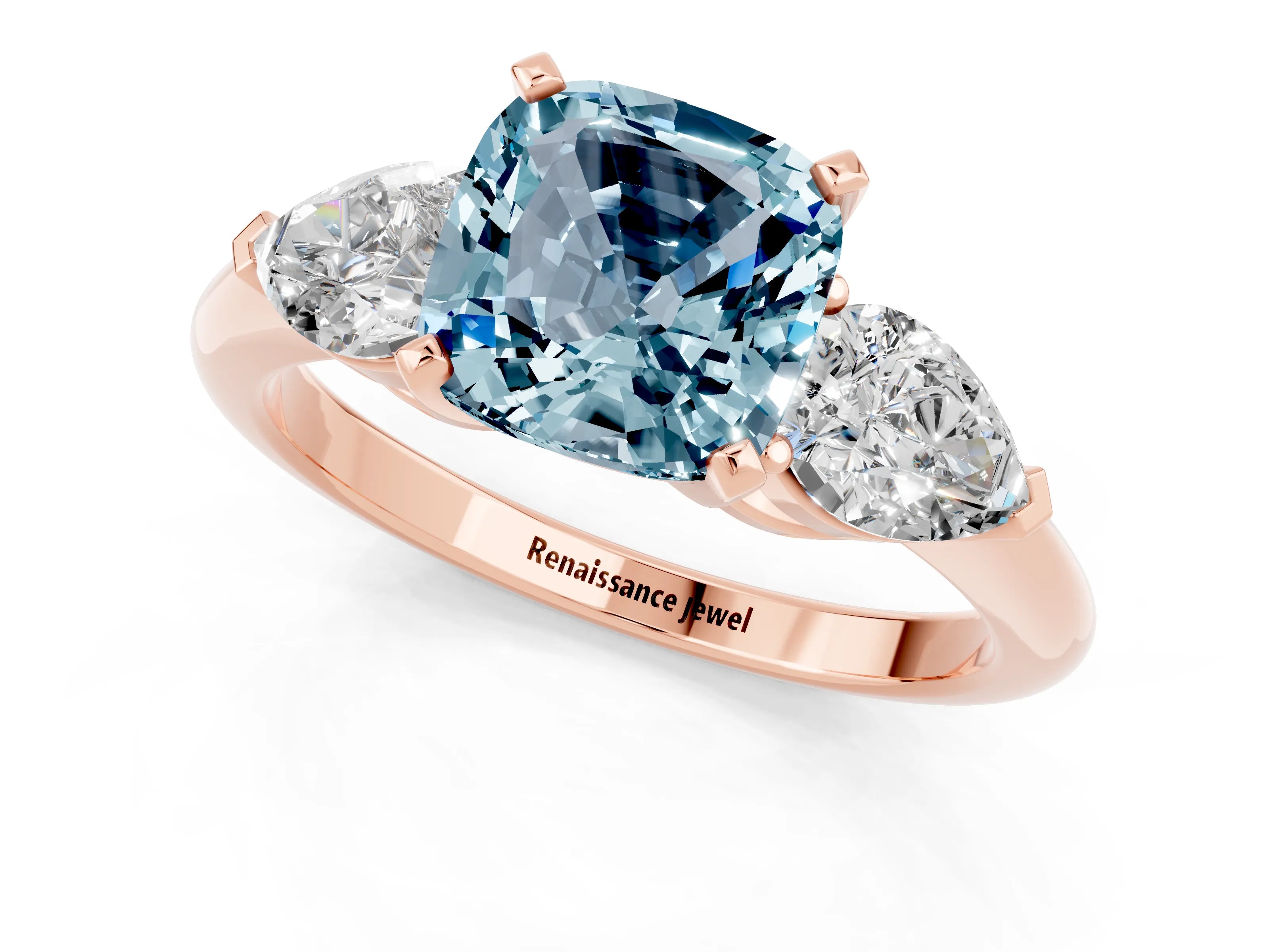 Rose gold Three-Stone Cushion Cut Aquamarine Ring with Pear Side Stones and Four-Prong Setting_1