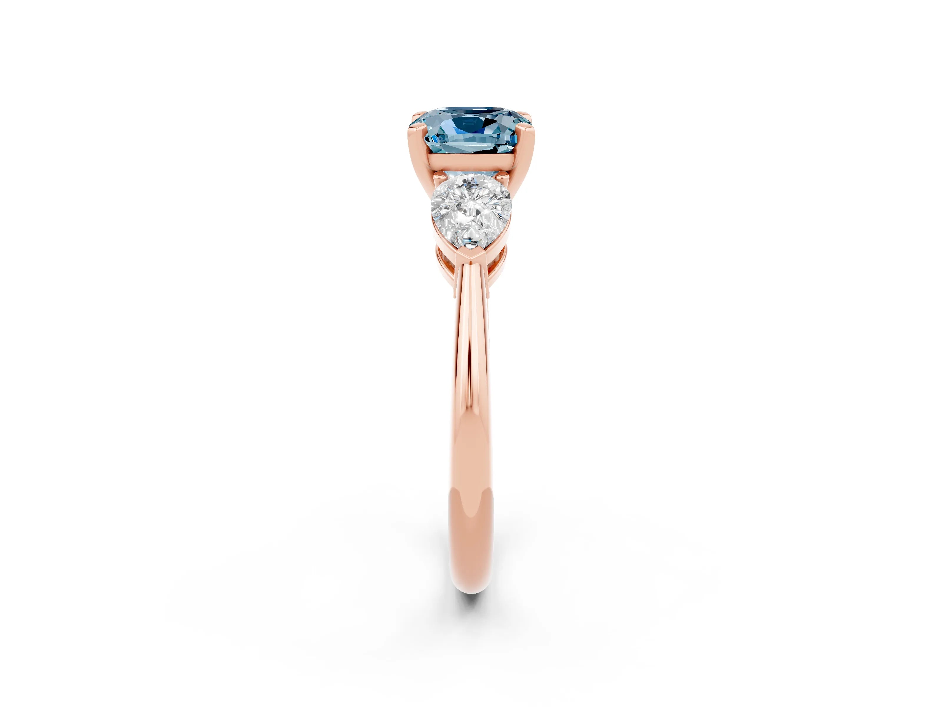 Rose gold Three-Stone Cushion Cut Aquamarine Ring with Pear Side Stones and Four-Prong Setting_2