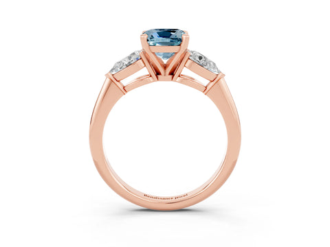 Rose gold Three-Stone Cushion Cut Aquamarine Ring with Pear Side Stones and Four-Prong Setting_3