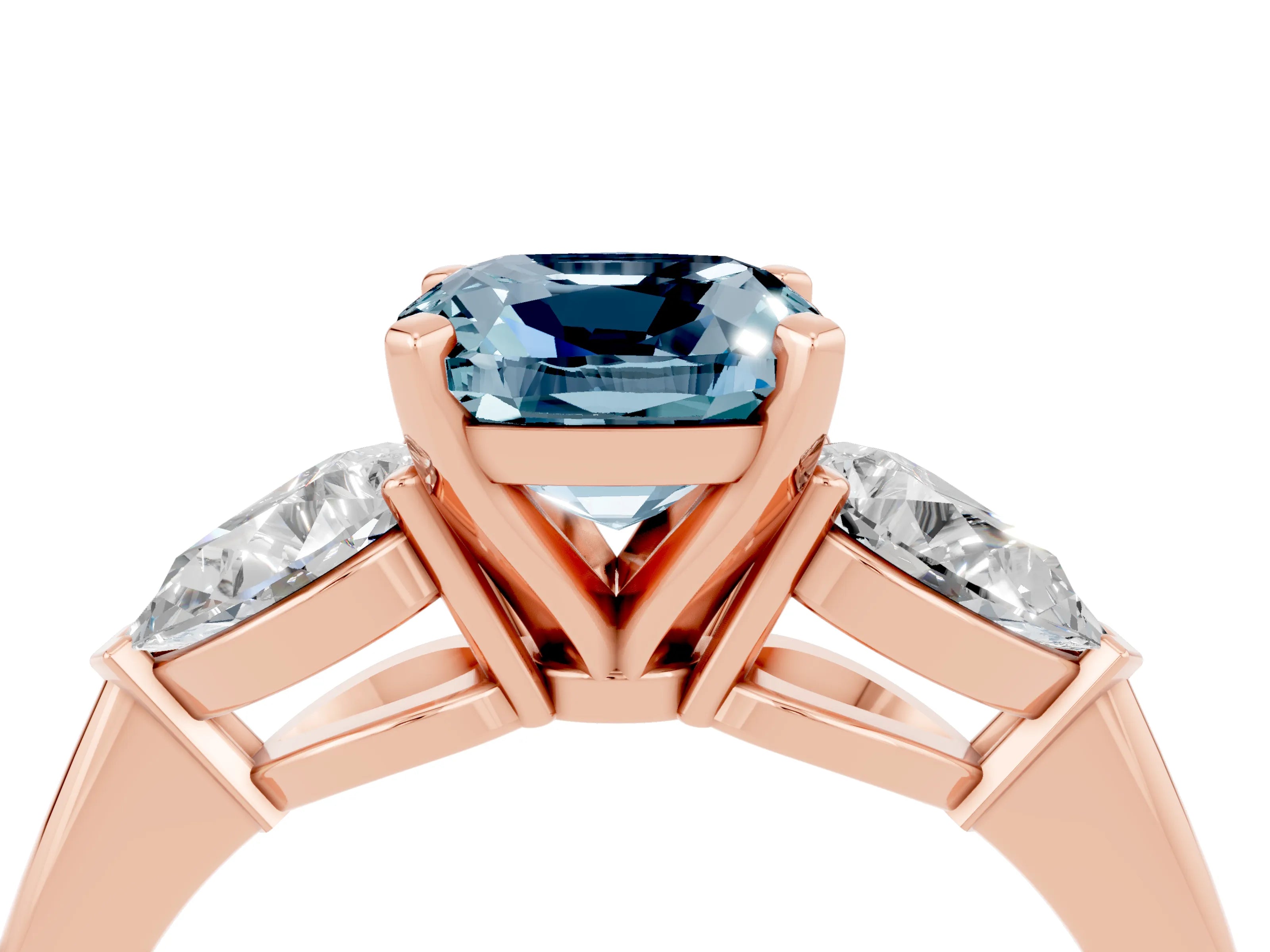 Rose gold Three-Stone Cushion Cut Aquamarine Ring with Pear Side Stones and Four-Prong Setting_4
