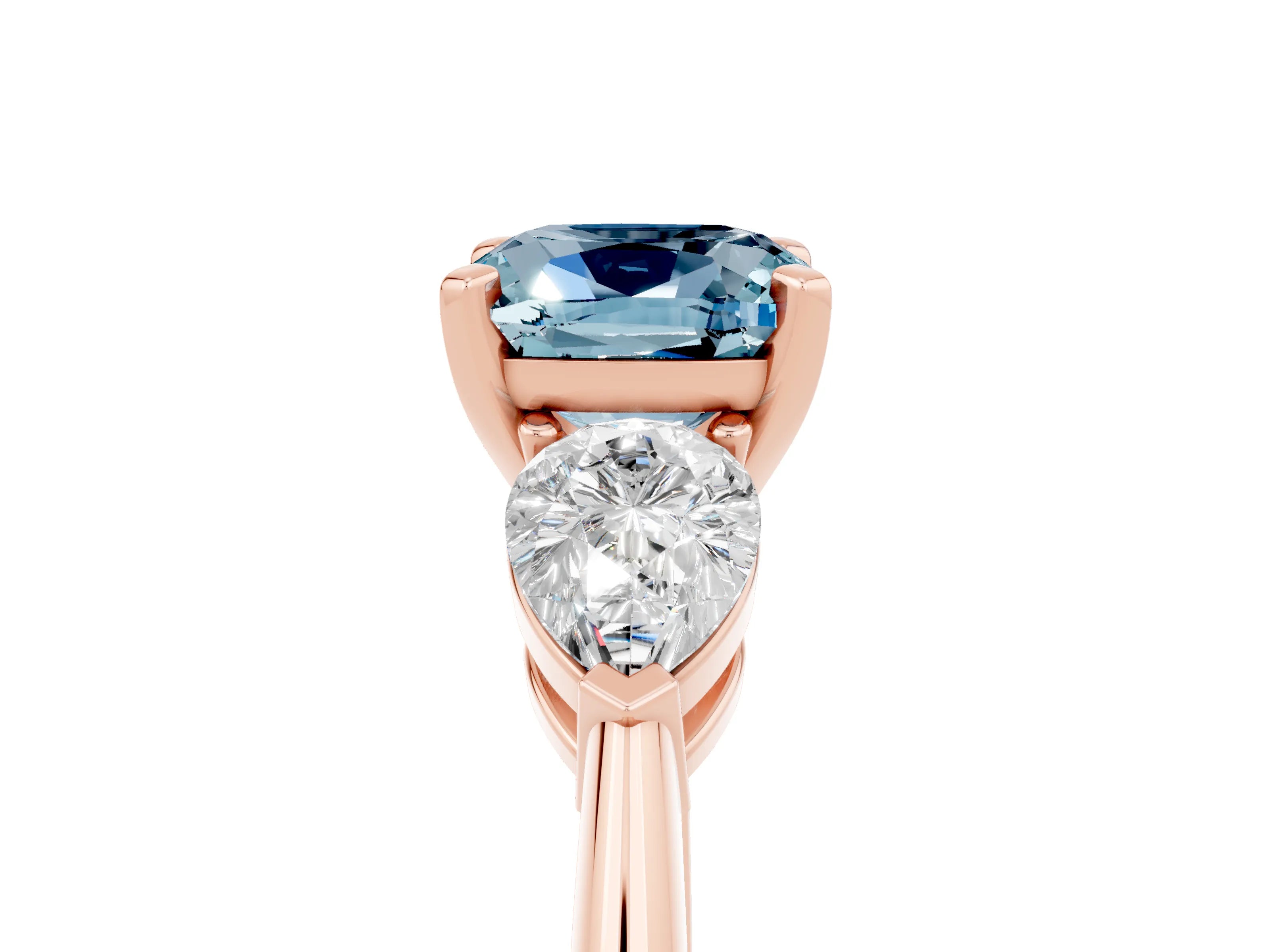 Rose gold Three-Stone Cushion Cut Aquamarine Ring with Pear Side Stones and Four-Prong Setting_5