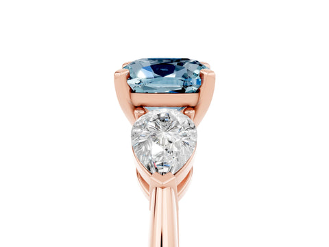 Rose gold Three-Stone Cushion Cut Aquamarine Ring with Pear Side Stones and Four-Prong Setting_5