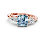Rose gold Three-Stone Cushion Cut Aquamarine Ring with Pear  Side Stones in Four-Prong Setting_12