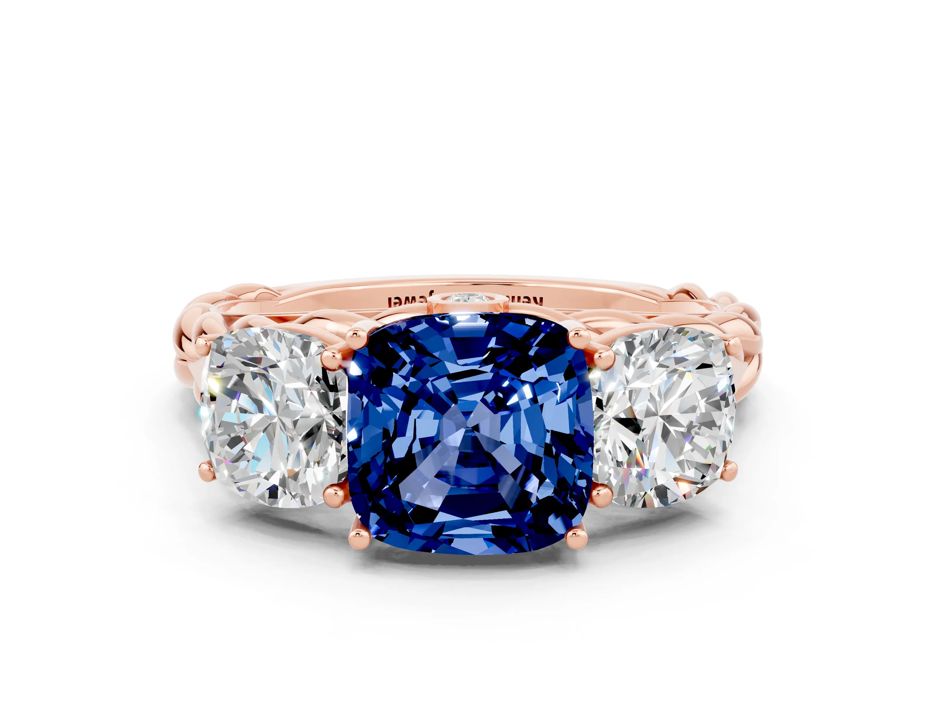 Rose gold Three-Stone Cushion Cut Blue Sapphire Braided Band Ring with Four-Prong Setting_12