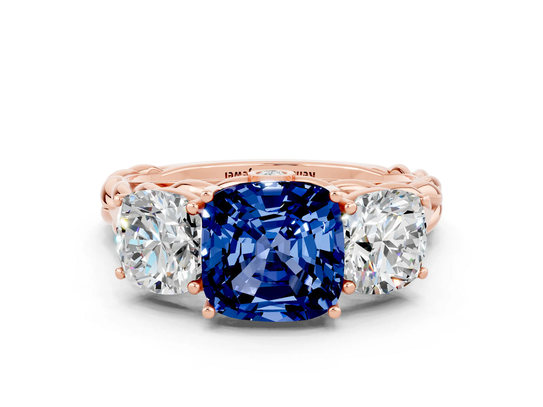 Rose gold Three-Stone Cushion Cut Blue Sapphire Braided Band Ring with Four-Prong Setting_12