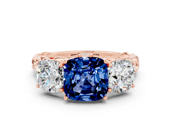 Rose gold Three-Stone Cushion Cut Blue Sapphire Braided Band Ring with Four-Prong Setting