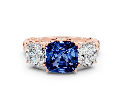 Rose gold Three-Stone Cushion Cut Blue Sapphire Braided Band Ring with Four-Prong Setting_12